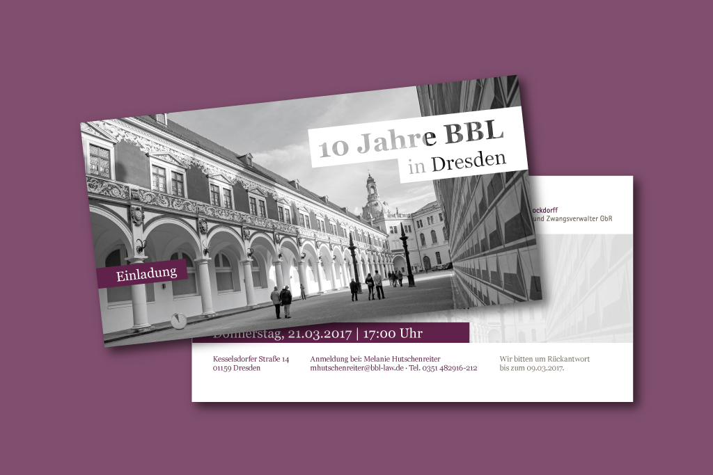 Einladung der Rechtsanwaltskanzlei BBL zur Jubilläumsfeier nach Dresden im März 2017