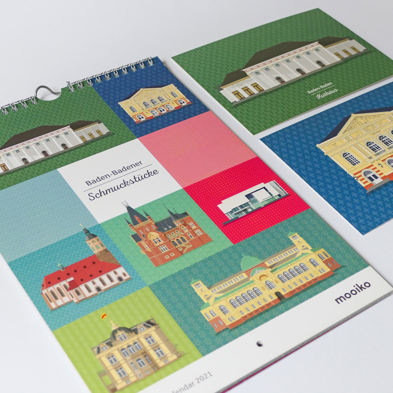 Kalender mit Architektur-Illustrationen von Gebäuden in Baden-Baden und zwei Postkarten – Design: Isabel Gewecke.