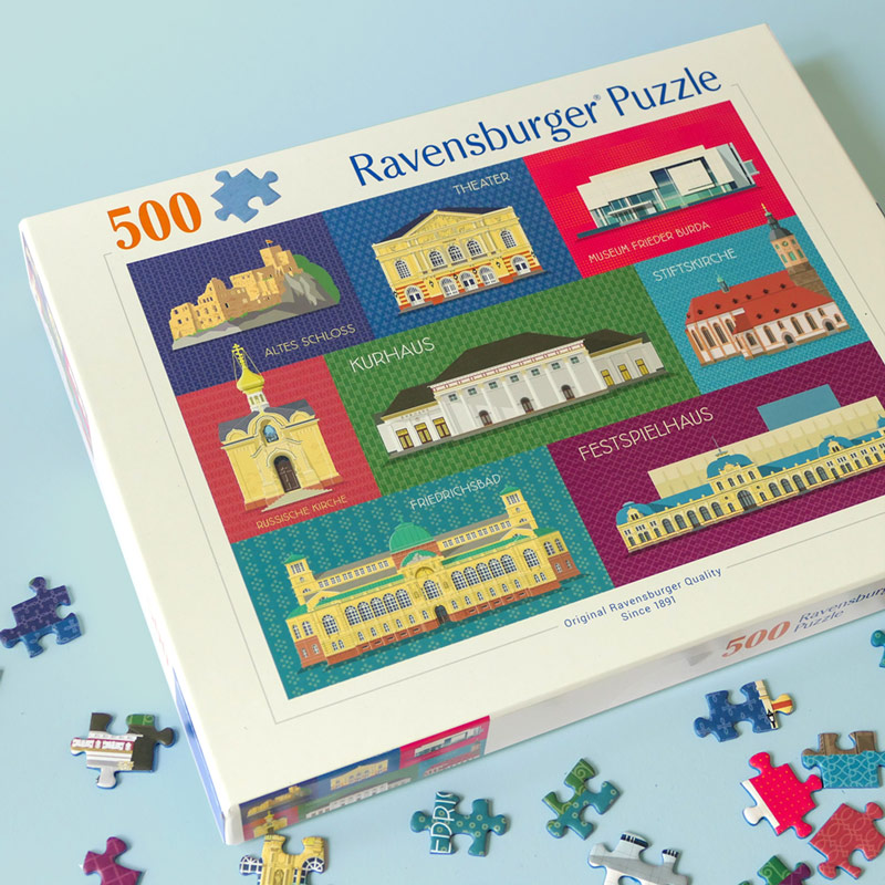 Puzzle mit Architektur-Illustrationen von Gebäuden in Baden-Baden für die Buchhandlung Eulennest – Design: Isabel Gewecke.