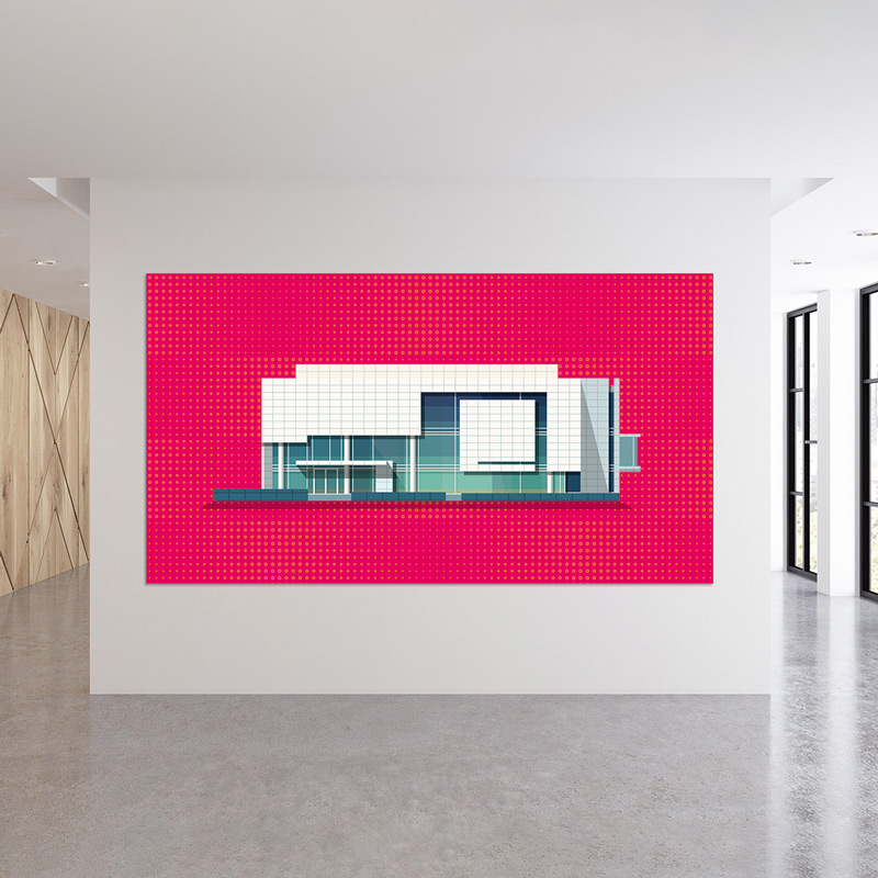 Großes Wandbild mit Architektur-Illustration des Museums Frieder Burda in modernem Ausstellungsraum – Design: Isabel Gewecke.