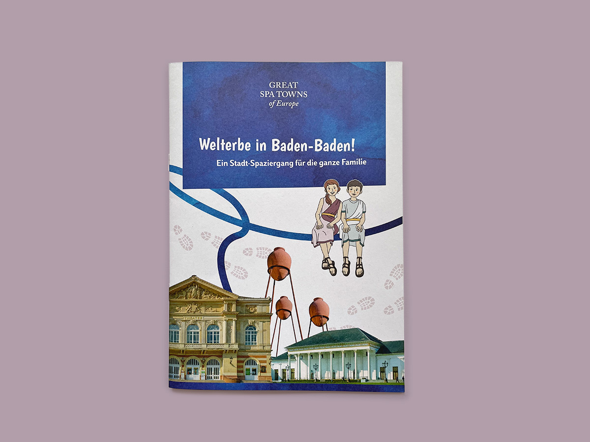 baden-baden-welterbeheft-cover-isabel-gewecke Heftcover „Welterbe in Baden-Baden!“ mit illustriertem Stadtspaziergang für Familien – Design: Isabel Gewecke.