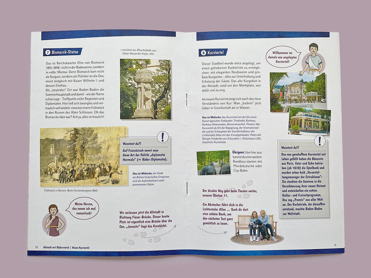 baden-baden-welterbeheft-innen-2-isabel-gewecke Innenseite des Hefts mit Stationen zur Bismarck-Statue und dem Kurviertel, illustriert für Kinder – Design: Isabel Gewecke.