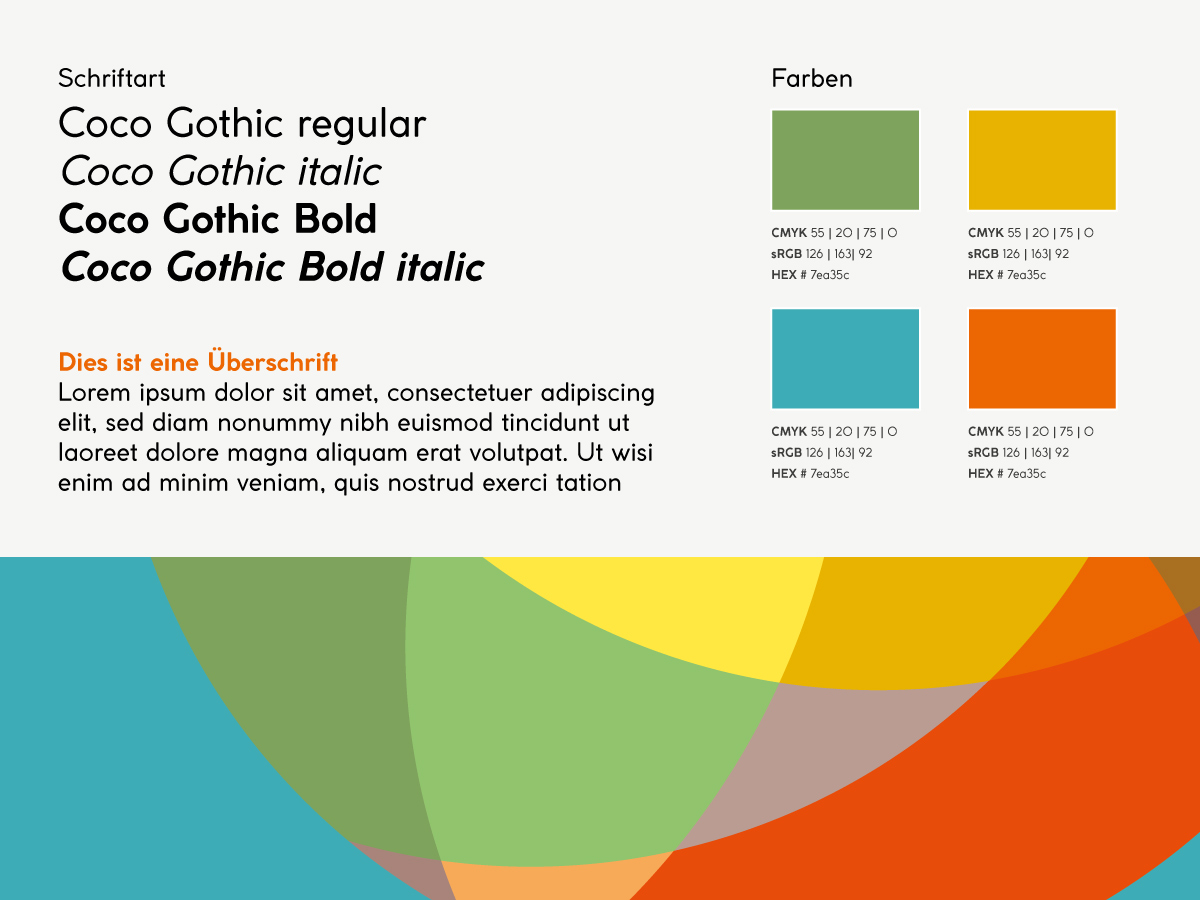 Gestaltungsrichtlinien mit Beispieltexten in Coco Gothic, definierten Farbwerten und abstraktem grafischen Motiv – Design: Isabel Gewecke.