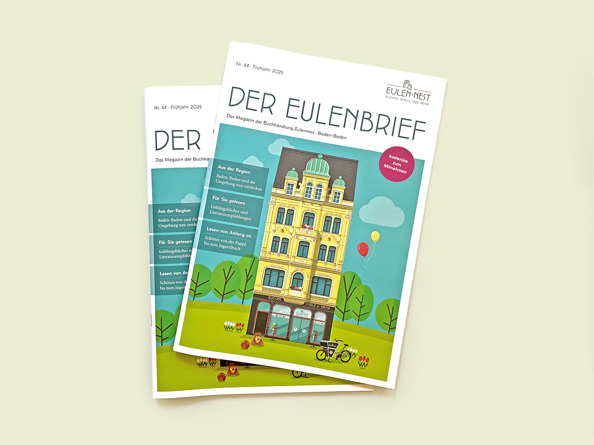 Kundenmagazin „Der Eulenbrief“ der Buchhandlung Eulennest mit Architektur-Illustration – Design: Isabel Gewecke.