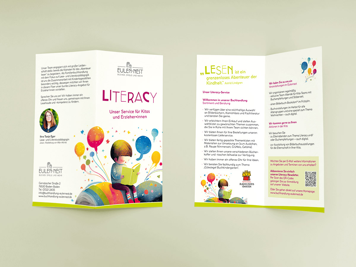 Illustrativer Werbeflyer zum Literacy-Angebot der Buchhandlung Eulennest – Gestaltung von Isabel Gewecke.