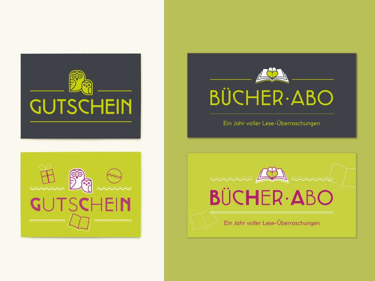Gutscheine und Bücher-Abos des Eulennest in zwei Farbvarianten mit Eulen- und Buchsymbol – Design: Isabel Gewecke.