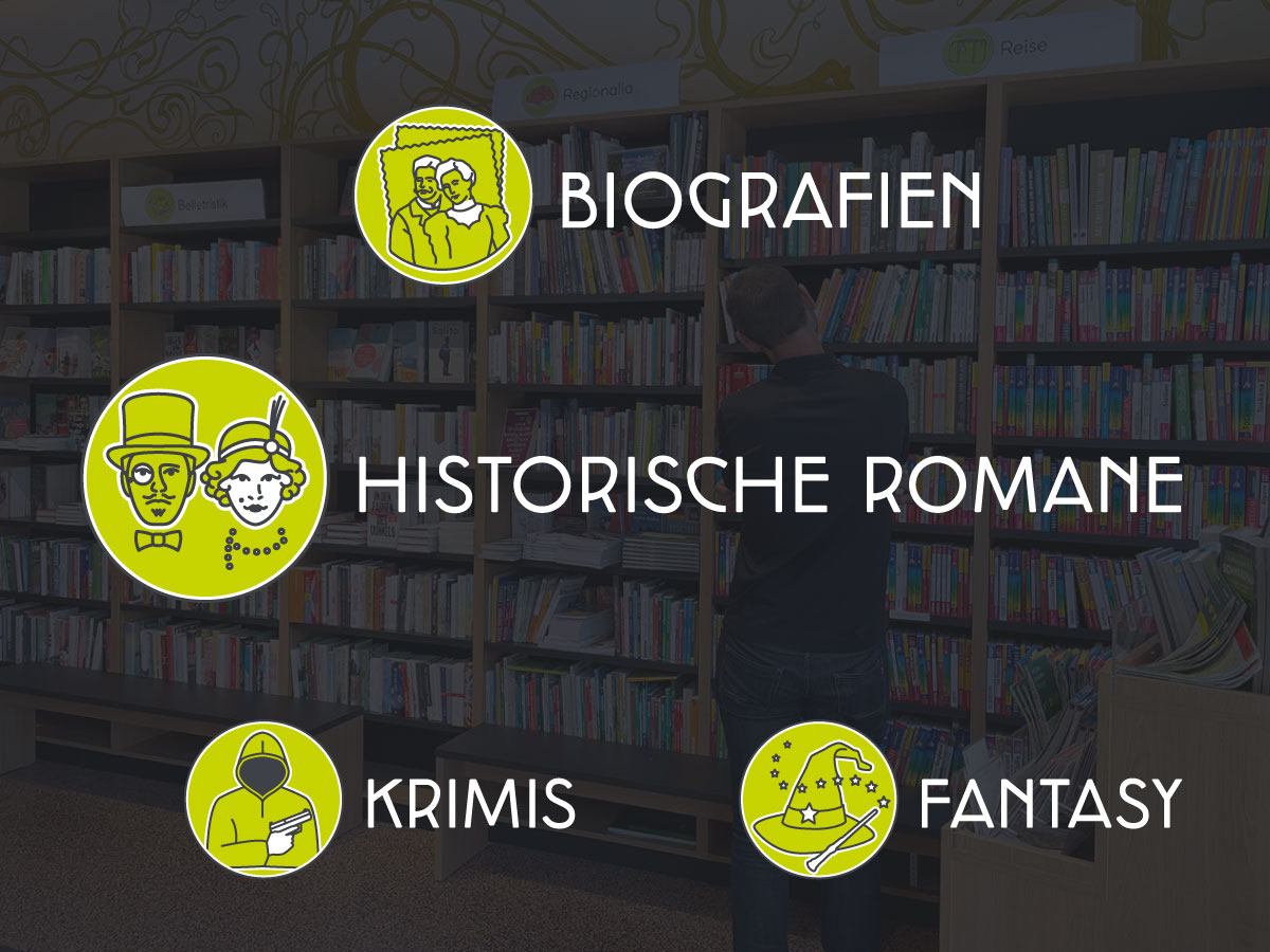 Illustrationen für Buchgenres Biografien, Historische Romane, Krimis und Fantasy vor Bücherregal – Design: Isabel Gewecke.