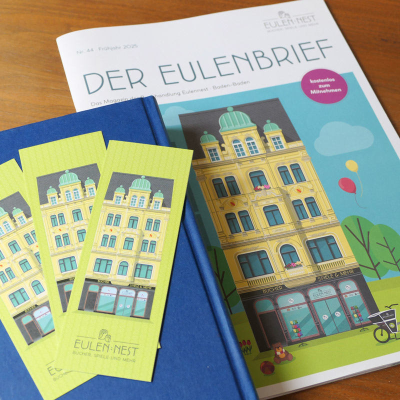 Lesezeichen und Kundenmagazin „Der Eulenbrief“ mit Architektur-Illustration der Buchhandlung Eulennest – Design: Isabel Gewecke.