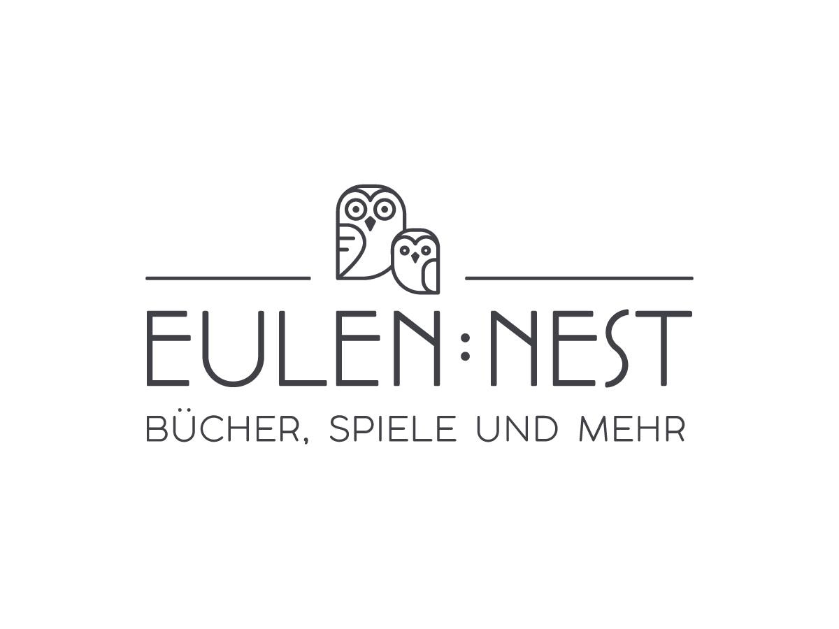 Logo „Eulennest – Bücher, Spiele und mehr“ mit zwei stilisierten Eulen – Design: Isabel Gewecke.
