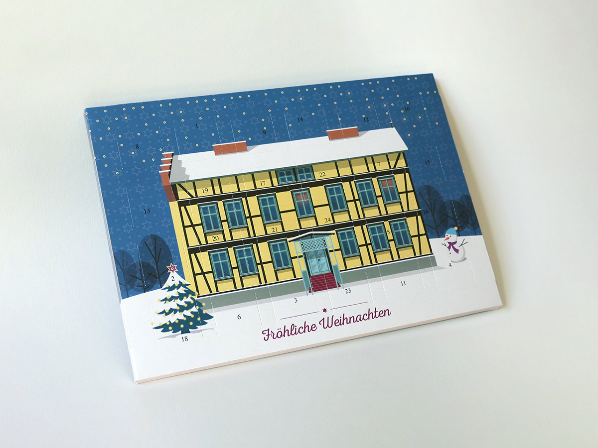 falkensee-adventskalender-illustration-museum-isabel-gewecke Adventskalender mit Architektur-Illustration des Museums in Falkensee – Gestaltung von Isabel Gewecke.