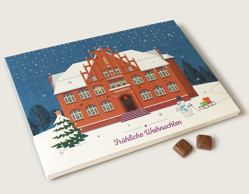Adventskalender mit Architektur-Illustration aus Falkensee – visuelle Gestaltung: Isabel Gewecke.