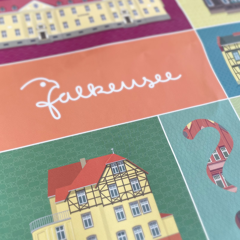 Detail der Tragetasche mit Falkenseer Architektur-Illustrationen und Schriftzug – Design: Isabel Gewecke.