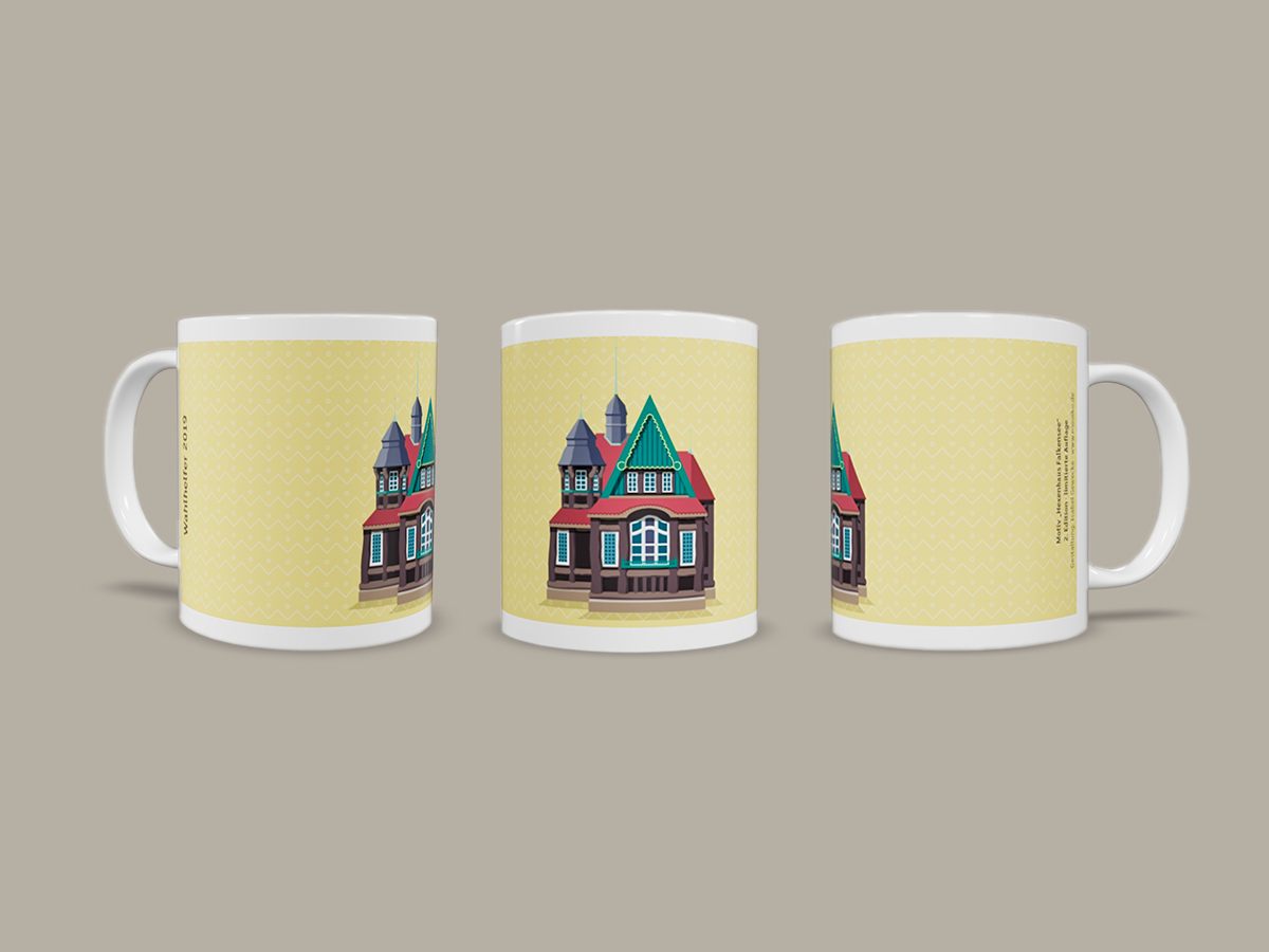 falkensee-tasse-illustration-hexenhaus-isabel-gewecke Drei Ansichten einer Tasse mit Architektur-Illustration des Hexenhauses in Falkensee – Gestaltung von Isabel Gewecke.