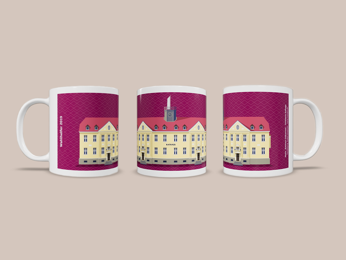 falkensee-tasse-illustration-rathaus-isabel-gewecke Drei Ansichten einer Tasse mit Architektur-Illustration des Rathauses in Falkensee – Gestaltung von Isabel Gewecke.