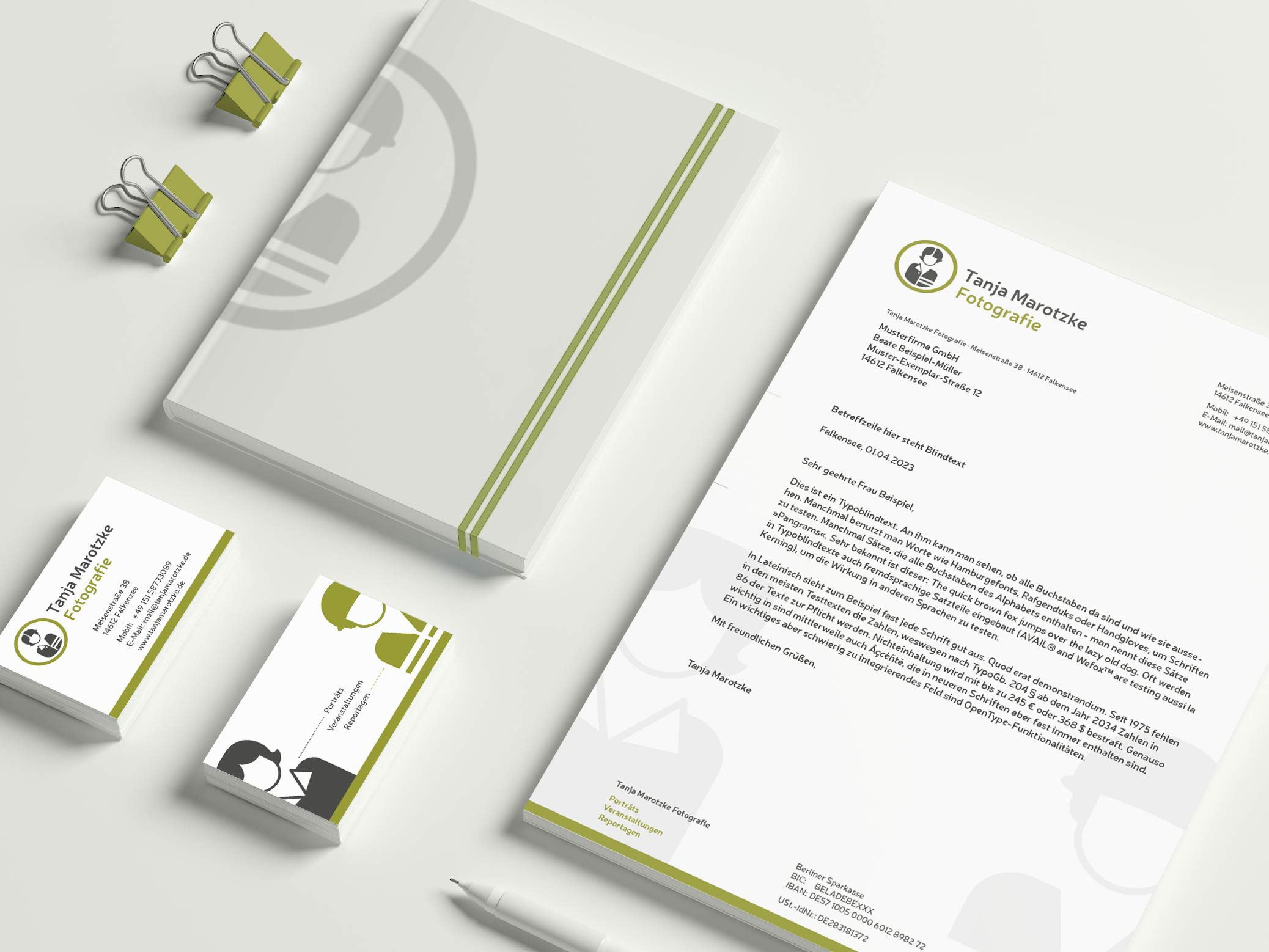 Briefpapier, Visitenkarten und Notizbuch im Corporate Design von Tanja Marotzke Fotografie – Design: Isabel Gewecke.
