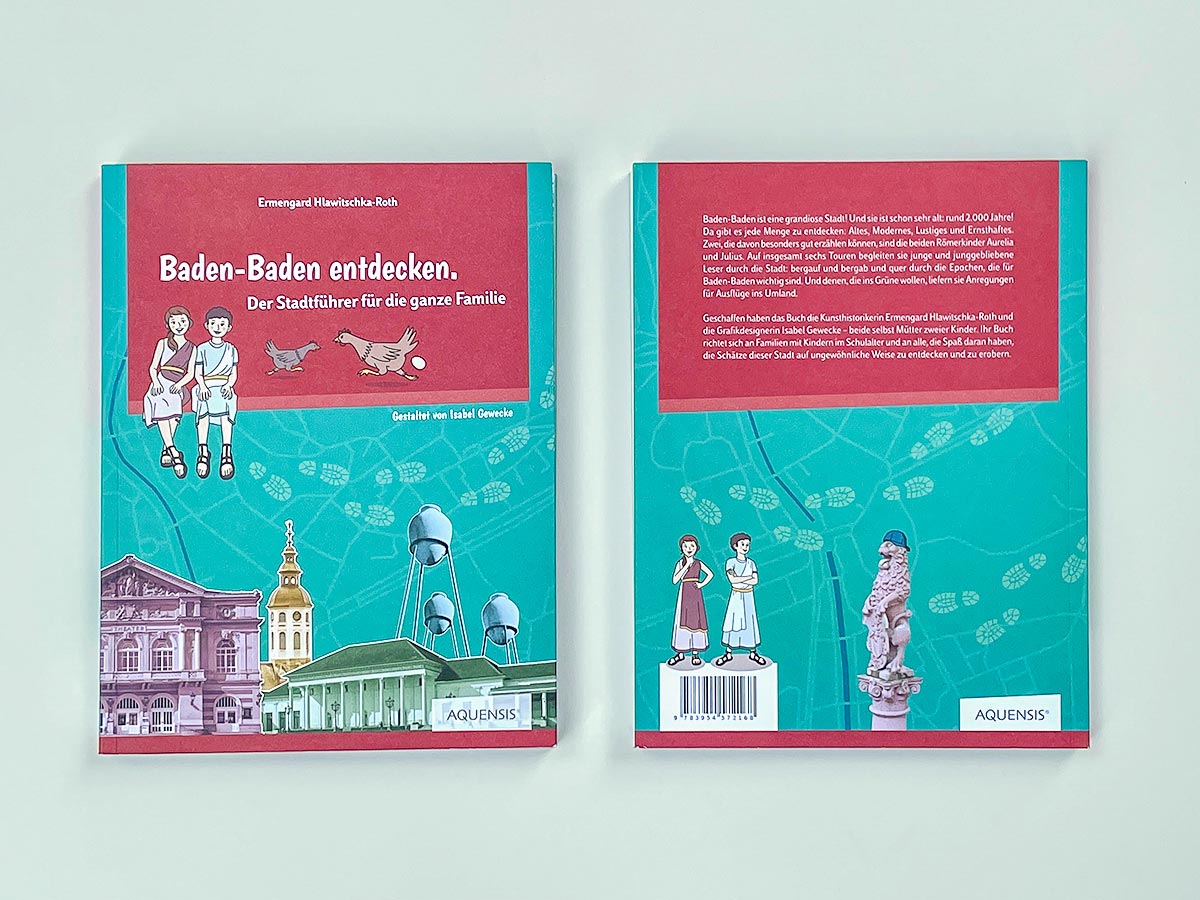 hlawitschka-stadtfuehrer-bad-cover-rueck-isabel-gewecke Vorder- und Rückseite des Stadtführers „Baden-Baden entdecken“ mit Figuren und Stadtmotiven – Design: Isabel Gewecke.