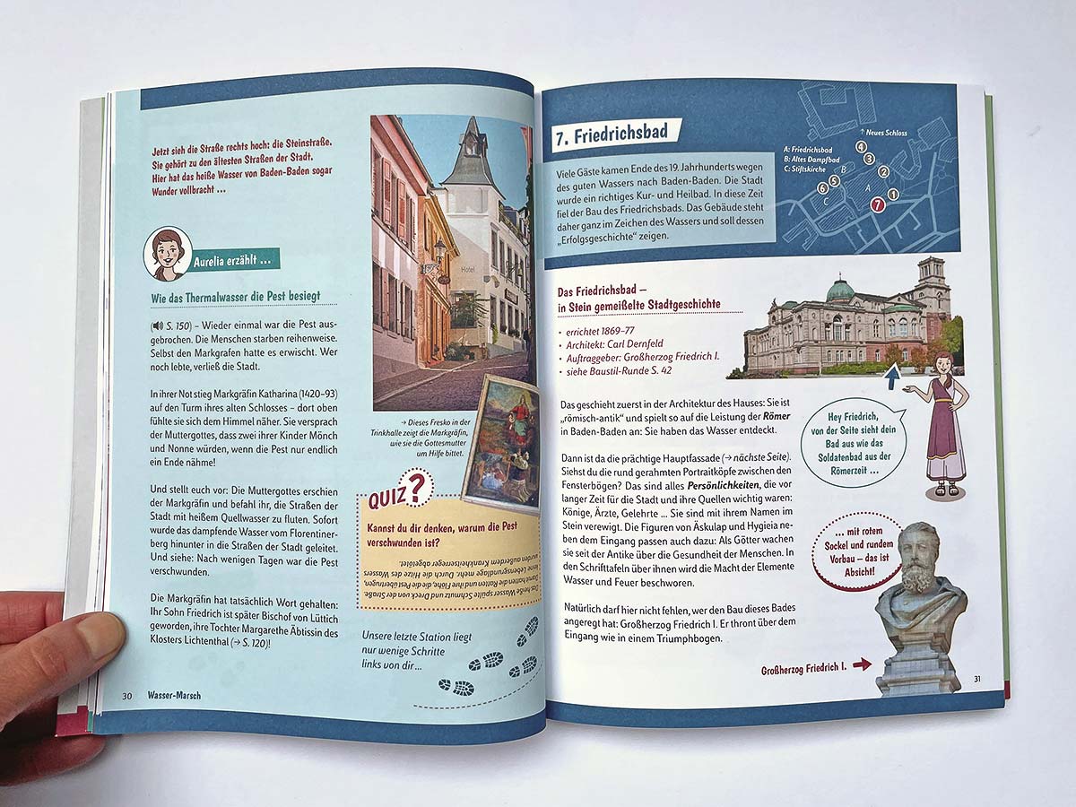 hlawitschka-stadtfuehrer-bad-innen-2-isabel-gewecke Infoseiten zur Friedrichsbad-Station mit Quiz, historischen Fakten und Illustration – Design: Isabel Gewecke.