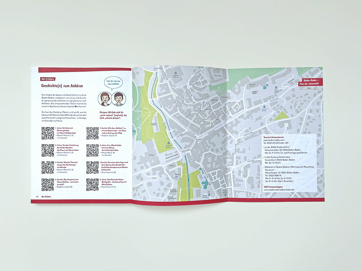 hlawitschka-stadtfuehrer-bad-umschlag-isabel-gewecke Doppelseite mit QR-Codes zu Hörgeschichten und Stadtplan von Baden-Baden – Design: Isabel Gewecke.