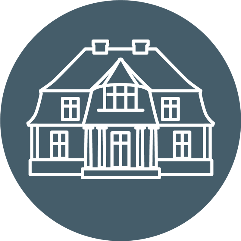 Piktogramm einer stilisierten Villa mit zwei Schornsteinen und Mittelrisalit auf dunkelblauem Hintergrund – Design: Isabel Gewecke.