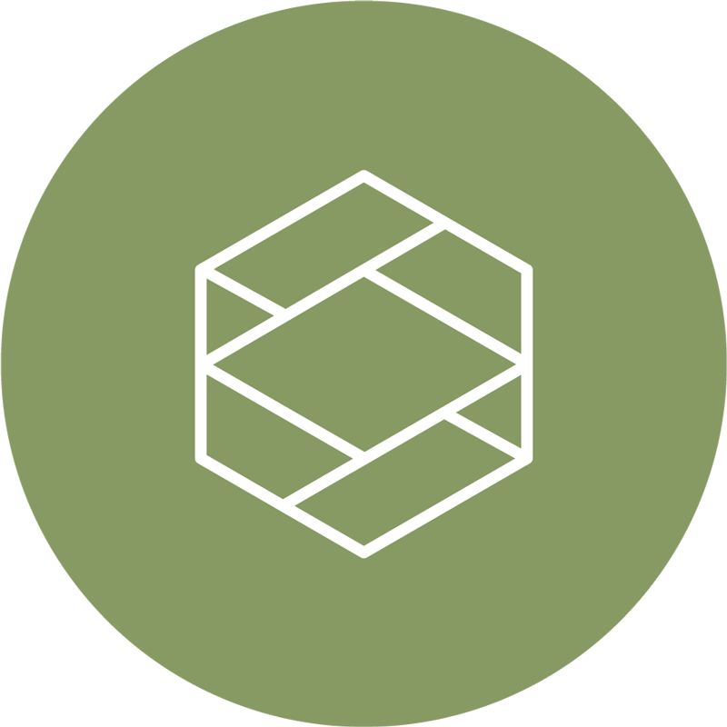 Piktogramm mit geometrischer Würfelstruktur in Weiß auf olivgrünem Hintergrund – Design: Isabel Gewecke.