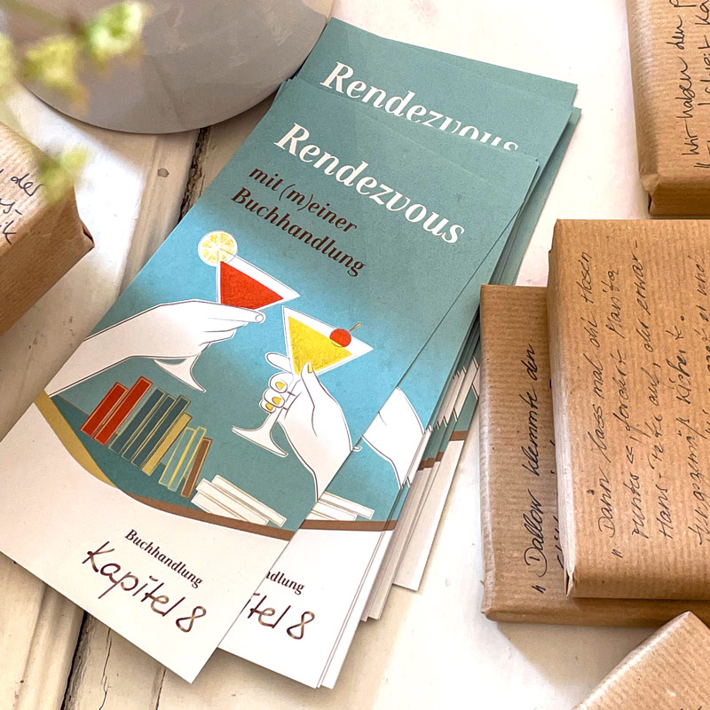 Illustrativer Werbeflyer „Rendezvous mit (m)einer Buchhandlung“ für Kapitel 8 – Design: Isabel Gewecke.