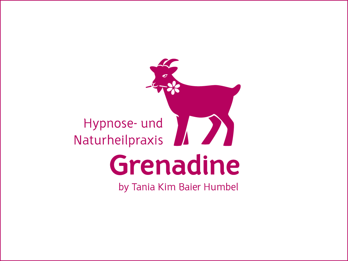 praxis-grenadine-logo-isabel-gewecke Logo der Hypnose- und Naturheilpraxis Grenadine mit pinker Ziege und Blume im Maul – Design: Isabel Gewecke.
