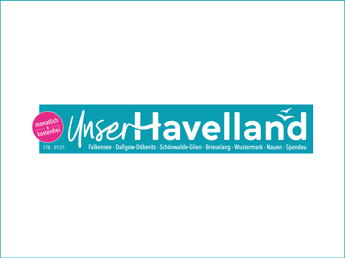 typemania-unser-havelland-logo-isabel-gewecke Magazintitel „Unser Havelland“ mit welligem Schriftzug und Vogelmotiv auf türkisfarbenem Hintergrund – Design: Isabel Gewecke.