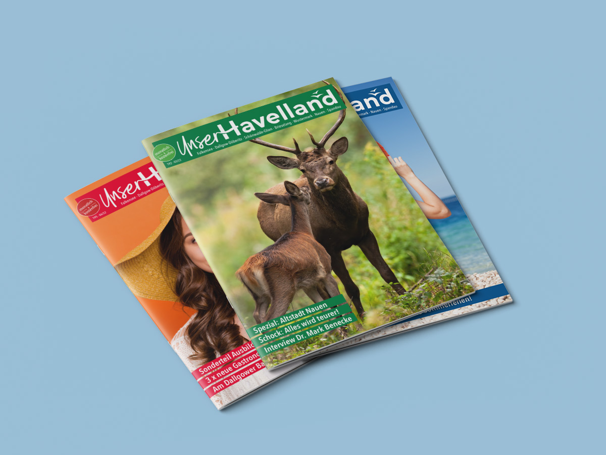 typemania-unser-havelland-magazine-isabel-gewecke Magazincover von „Unser Havelland“ mit Titelmotiven wie Wildtiere, Sommer und Lifestyle – Design: Isabel Gewecke.