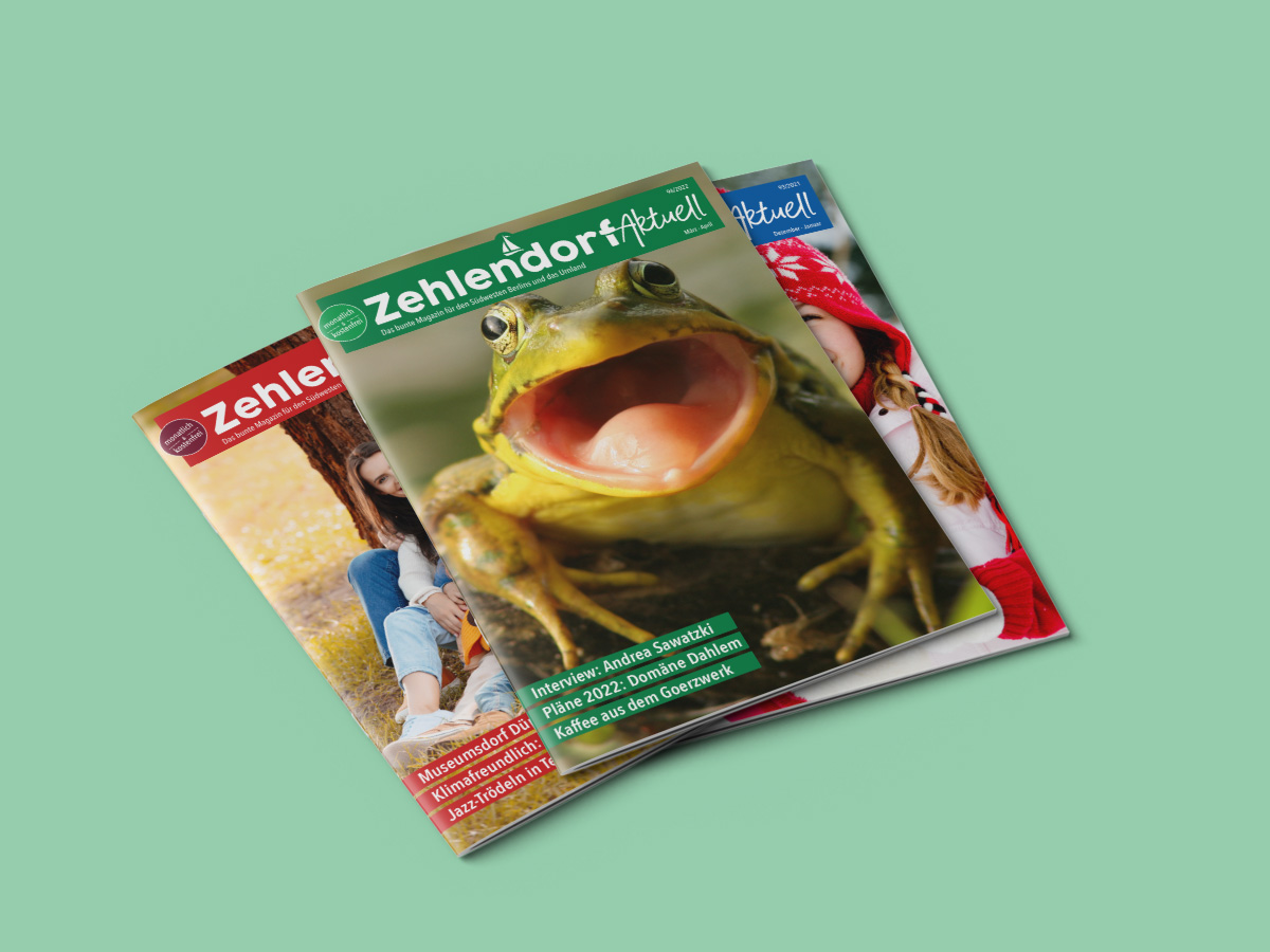 typemania-zehlendorf-aktuell-magazine-isabel-gewecke Magazincover von „Zehlendorf Aktuell“ mit auffälligen Titelfotos wie einem Frosch, Kind in Winterkleidung und herbstlicher Szene – Design: Isabel Gewecke.