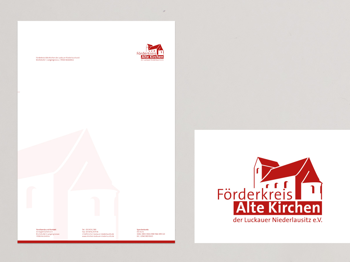 Corporate Design für den Förderkreis Alte Kirchen mit Briefbogen und rotem Kirchenlogo. Design: Isabel Gewecke