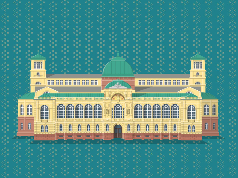 Vektorgrafik des Friedrichsbads Baden-Baden, gelbe Fassade mit grüner Kuppel auf türkisgemustertem Grund. Design: Isabel Gewecke