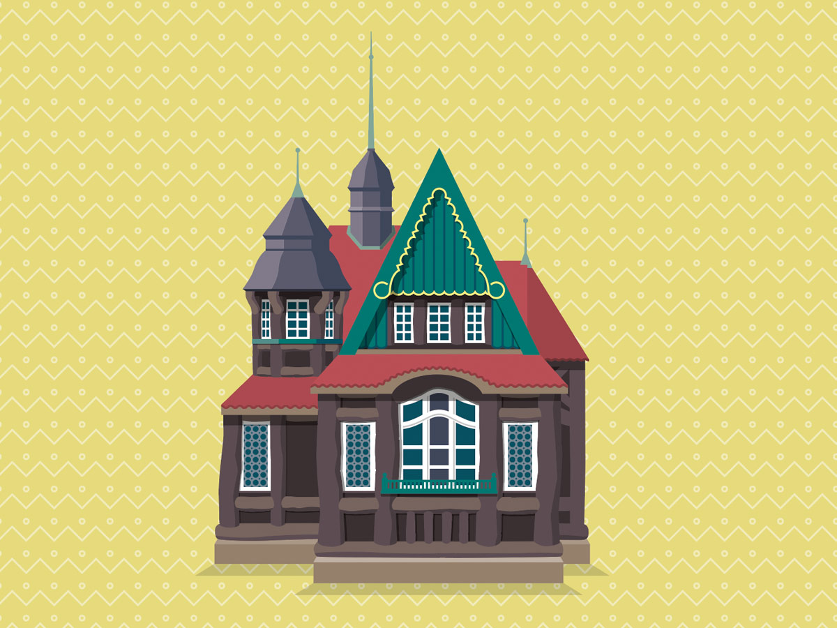 Vektorgrafik eines detailreichen, verspielten Fachwerkhauses mit grünen Ziergiebeln. Design: Isabel Gewecke