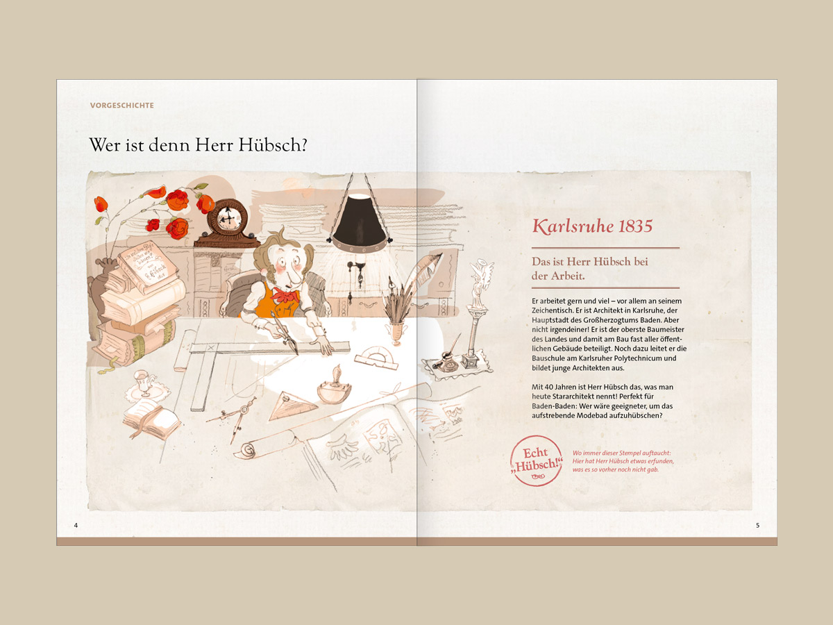 Illustrierte Buch-Doppelseite: Herr Hübsch im Architekturbüro Karlsruhe um 1835. Design: Isabel Gewecke