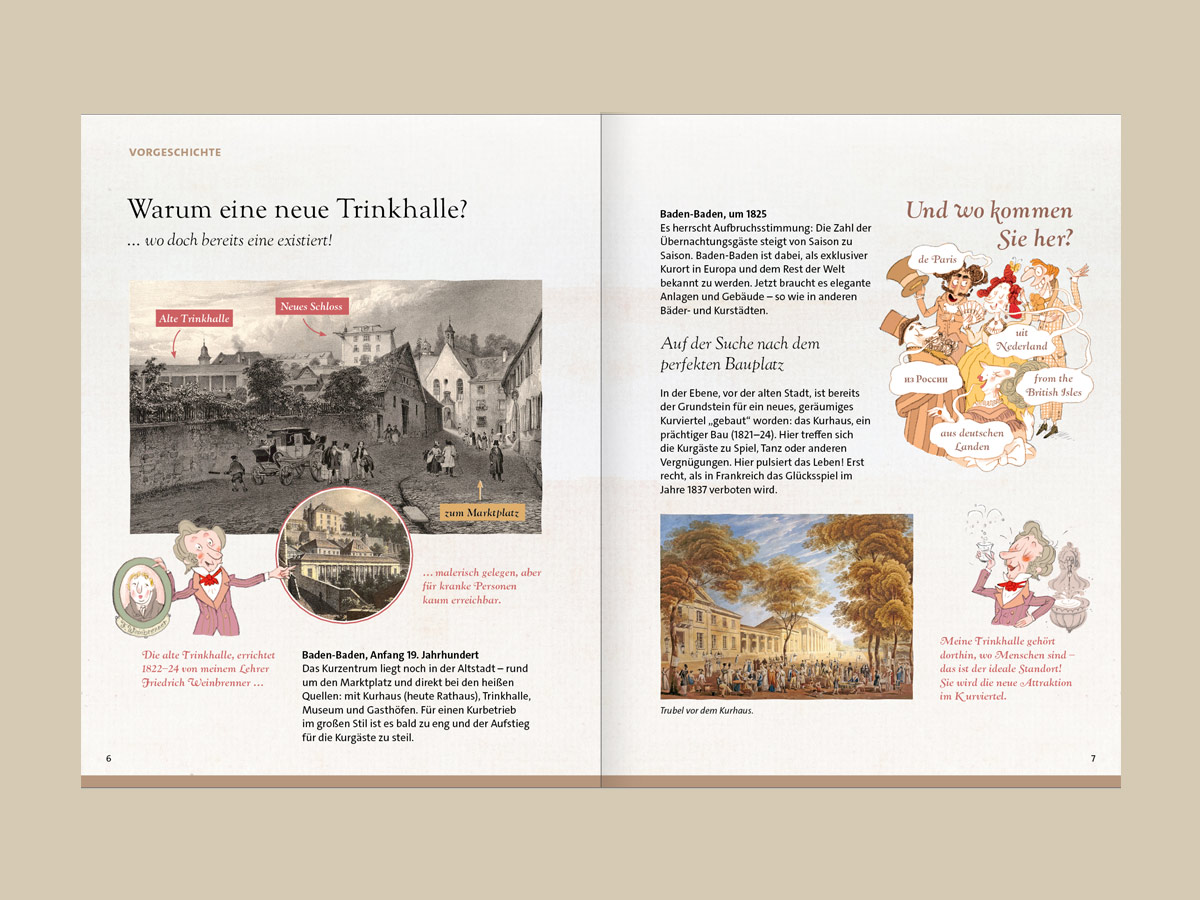 Illustrierte Buchseite: Neue Trinkhalle für Baden-Baden, historische Ansichten, Gäste aus aller Welt. Design: Isabel Gewecke