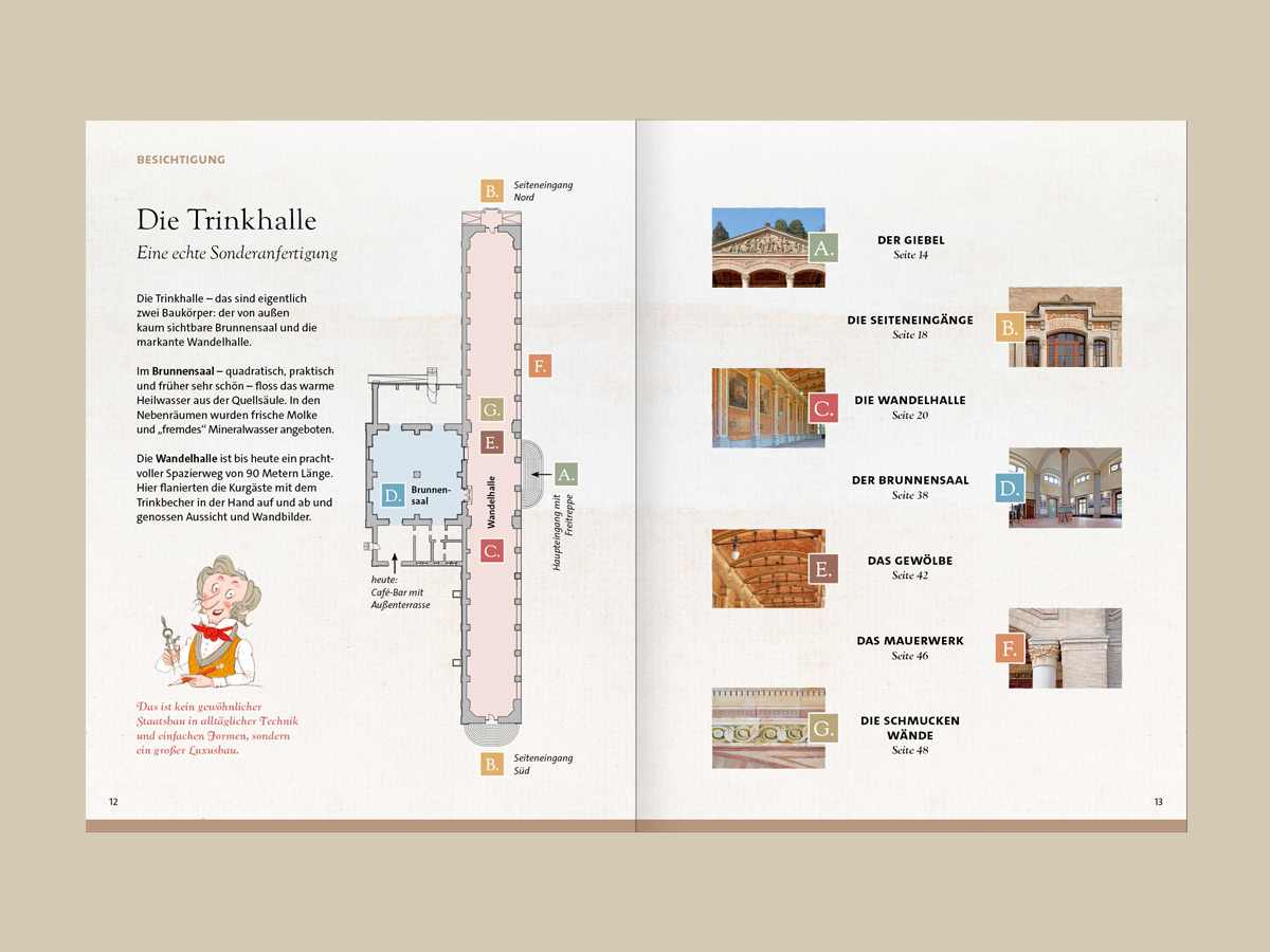 Buchseite mit Grundriss und Fotos der Trinkhalle Baden-Baden, illustriert und baulich erklärt. Design: Isabel Gewecke