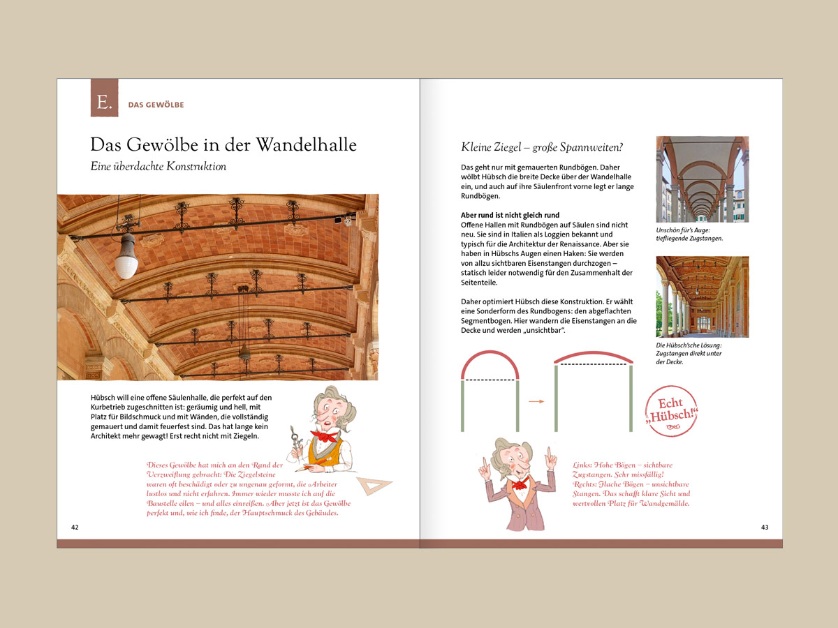 Doppelseite zum Thema Ziegel-Gewölbe der Trinkhalle, Bauweise und Konstruktionsdetails. Design: Isabel Gewecke