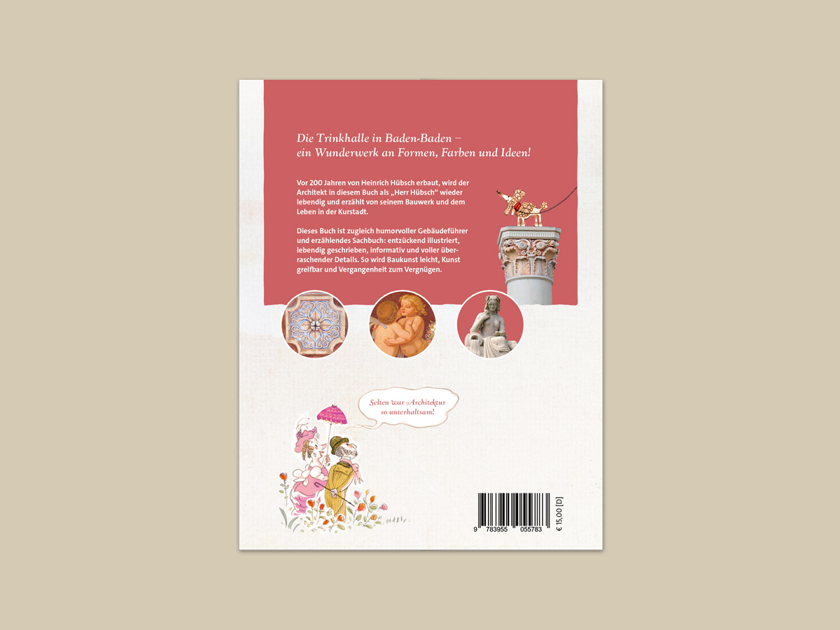 Rückseite des Buchs zur Trinkhalle Baden-Baden: Info-Text, Illustrationen, Ornamente und ISBN. Design: Isabel Gewecke