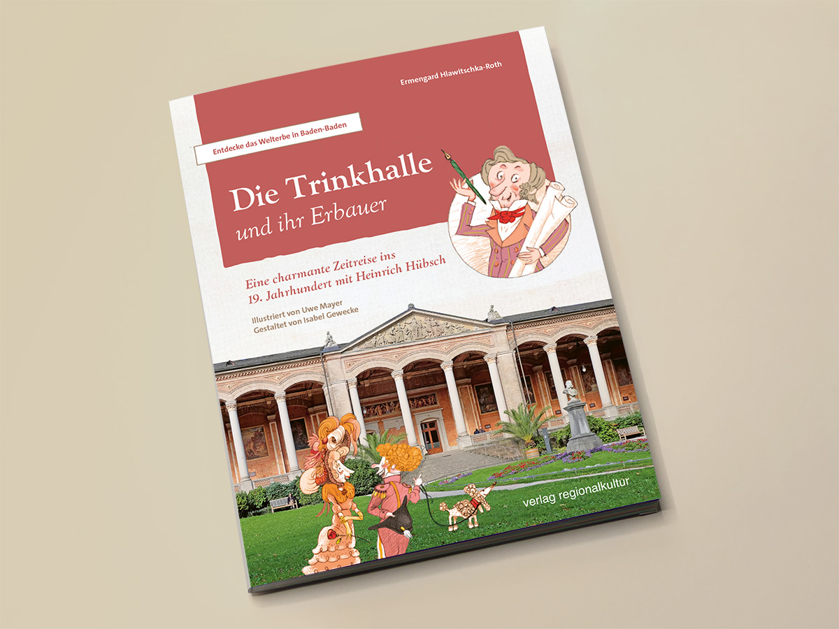 Buchcover „Die Trinkhalle und ihr Erbauer“ mit Zeichnungen und historischem Gebäude. Design: Isabel Gewecke