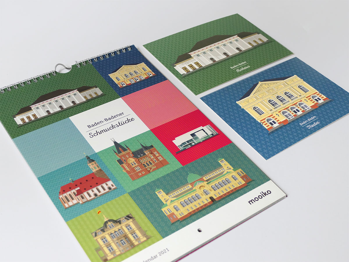 Kalender mit Architektur-Illustrationen von Gebäuden in Baden-Baden und zwei Postkarten – Design: Isabel Gewecke.