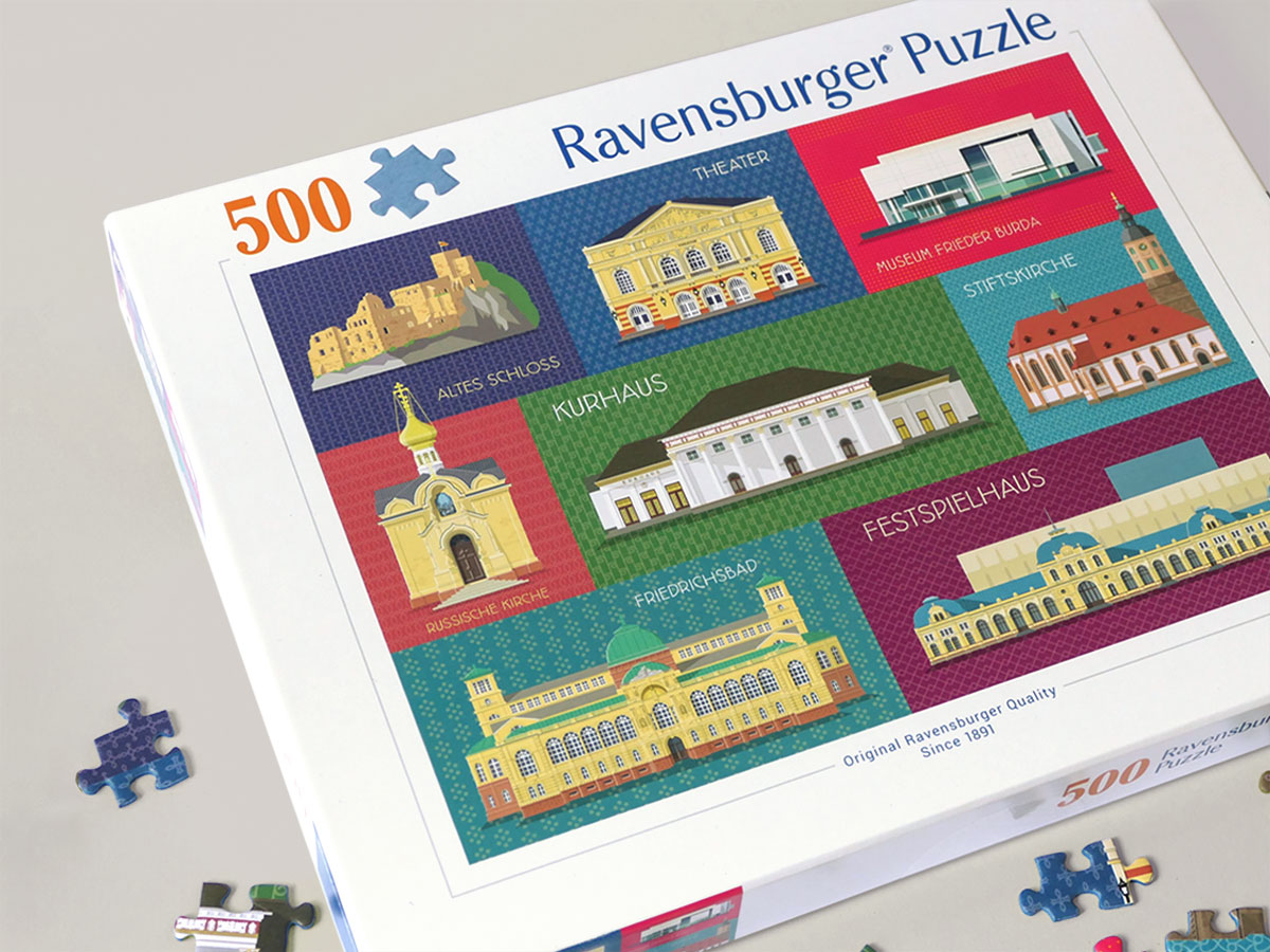 Puzzle mit Architektur-Illustrationen von Gebäuden in Baden-Baden für die Buchhandlung Eulennest – Design: Isabel Gewecke.