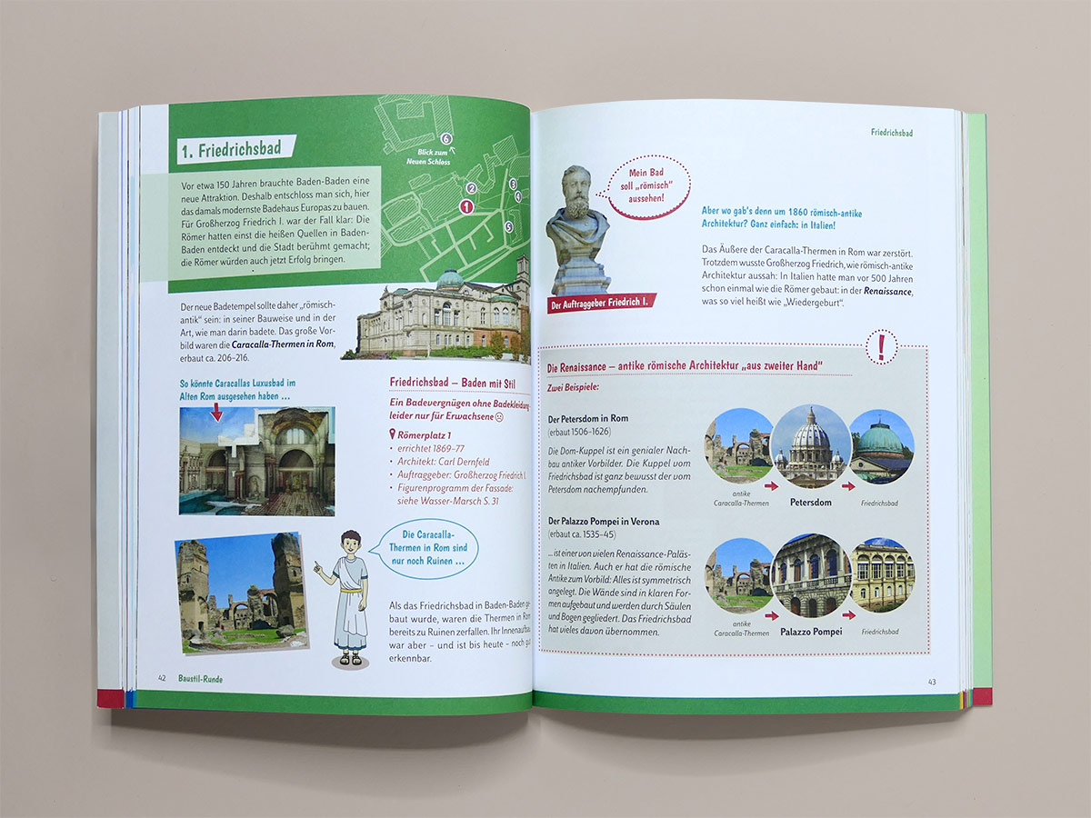 Doppelseite im Stadtführer: Friedrichsbad und römische Architektur, Beispiele und Fotos. Design: Isabel Gewecke