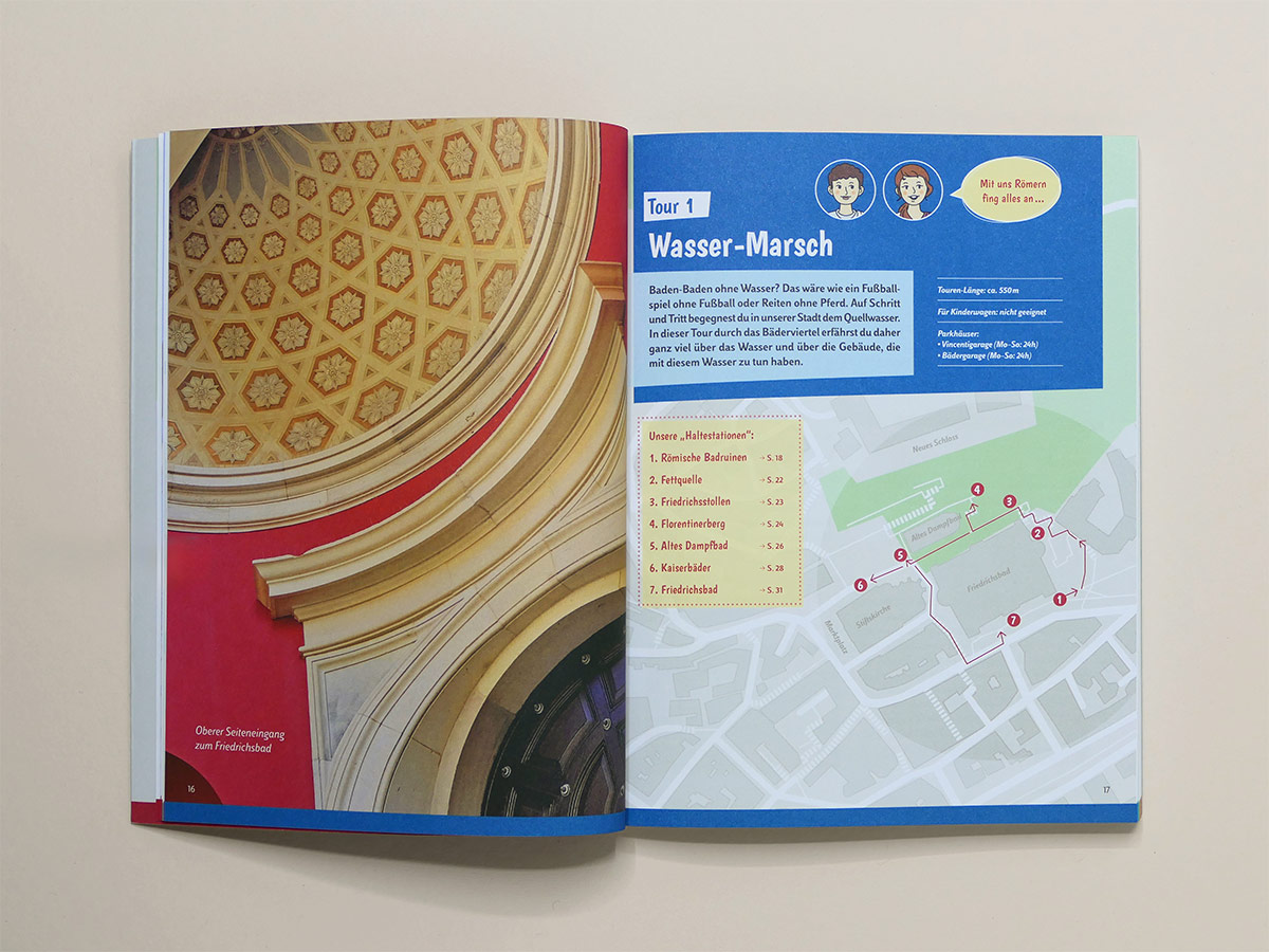 Buchdoppelseite mit Friedrichsbad-Kuppel, Stadtrundgangskarte und Stationen zur Wassertour. Design: Isabel Gewecke