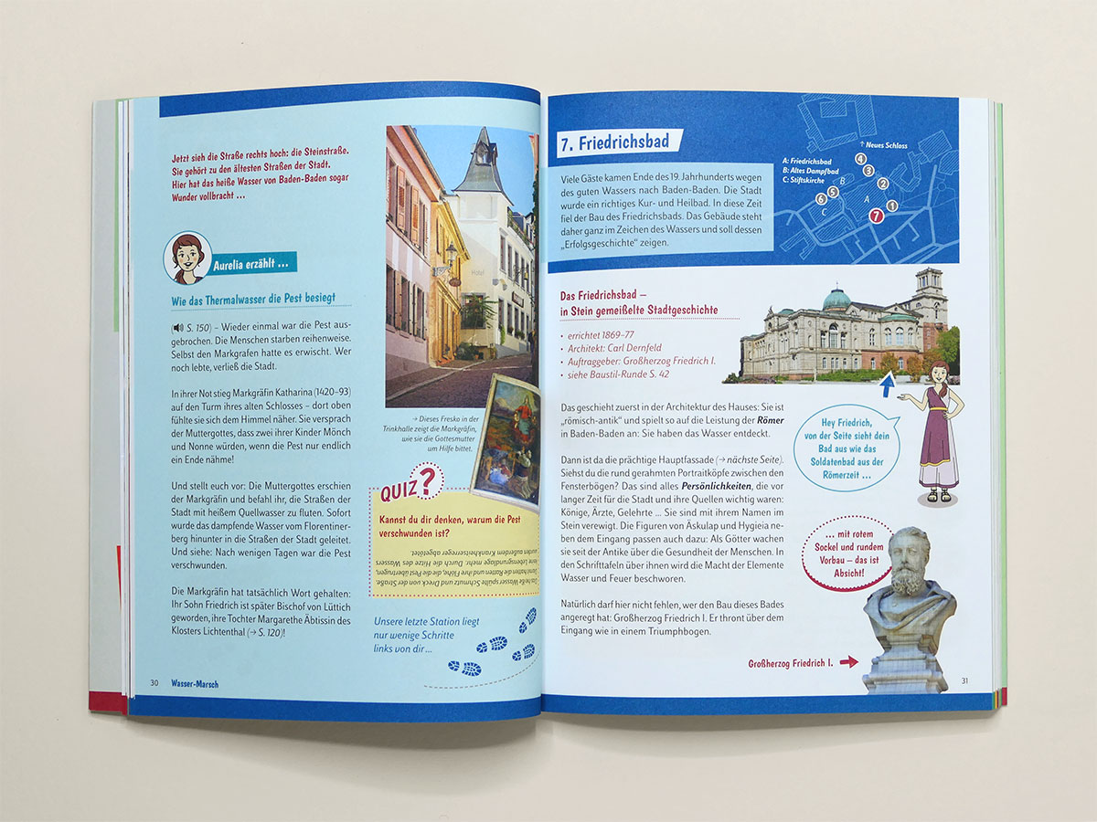 Doppelseite mit Quiz, Fotos und Karte zur Friedrichsbad-Station im Baden-Baden-Stadtführer. Design: Isabel Gewecke