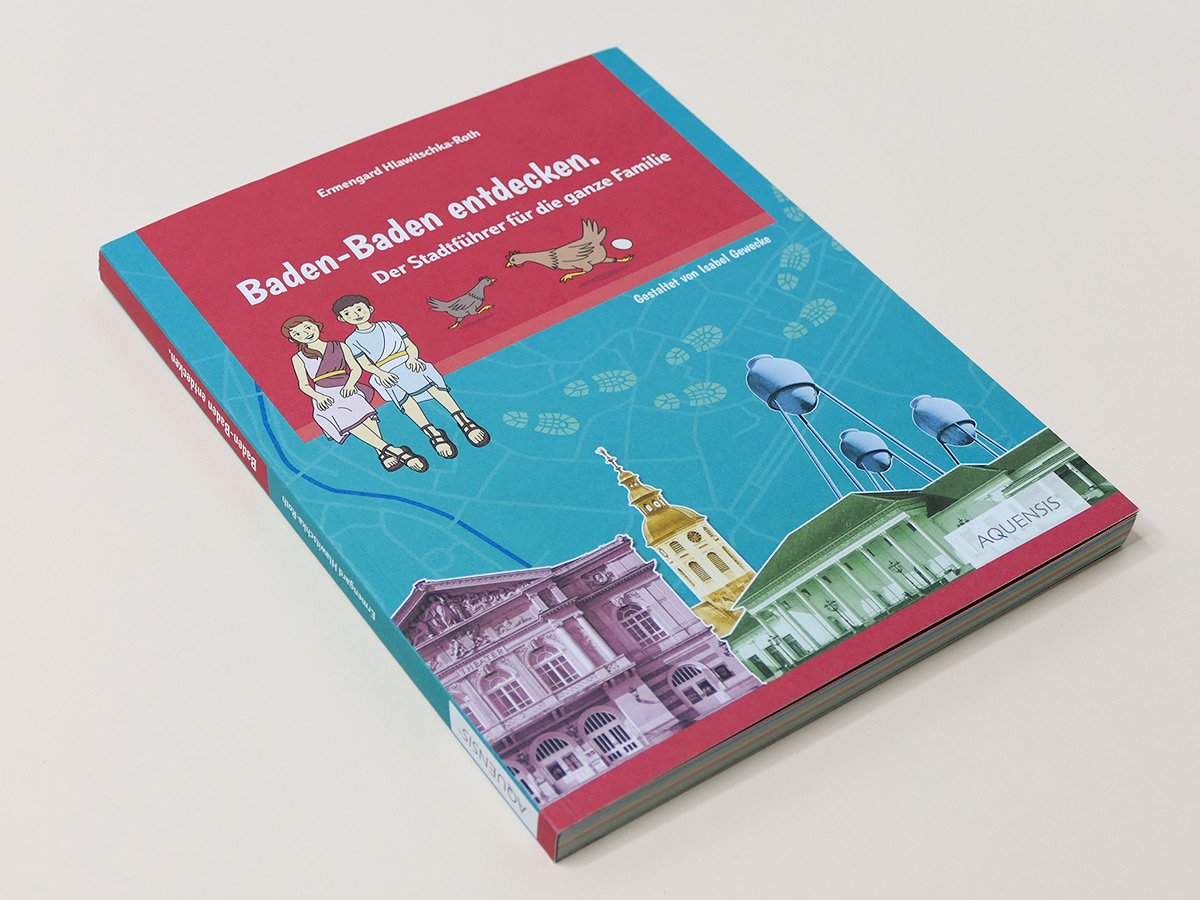 Bunt illustriertes Buchcover „Baden-Baden entdecken“, Stadtführer mit Gebäuden und Kindern. Design: Isabel Gewecke