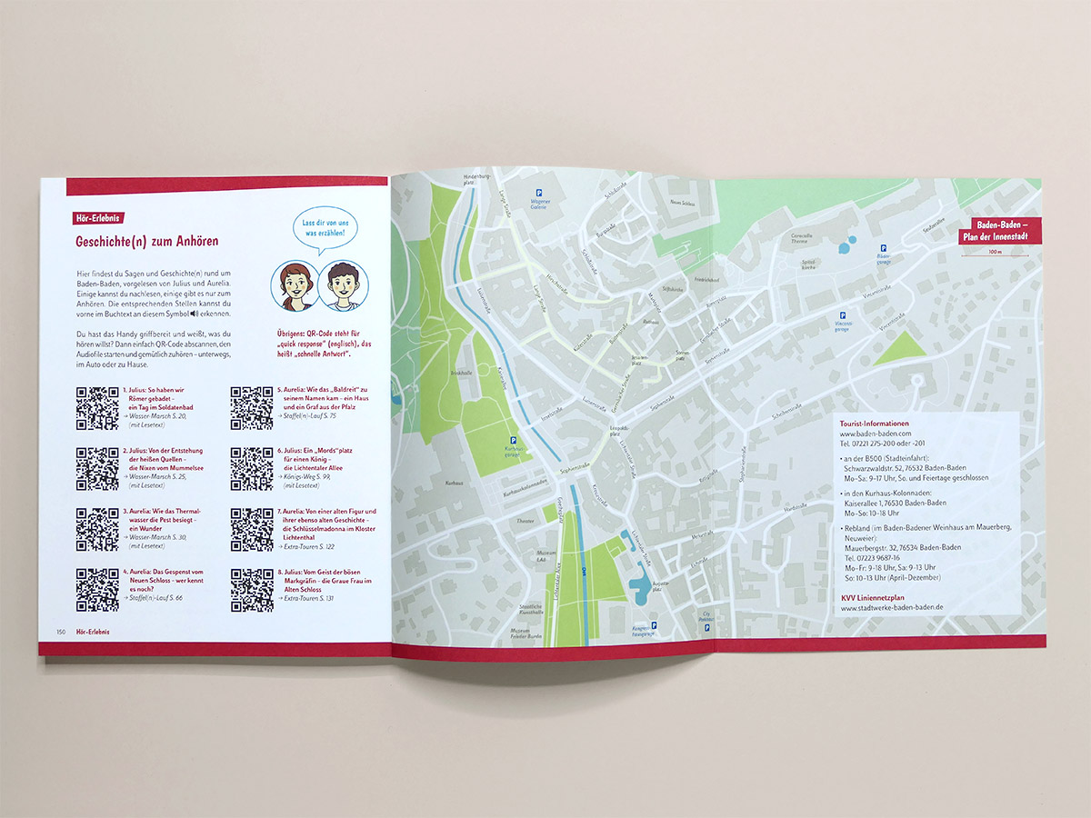 Doppelseite mit QR-Codes zu Hörgeschichten und großer Innenstadtplan von Baden-Baden. Design: Isabel Gewecke