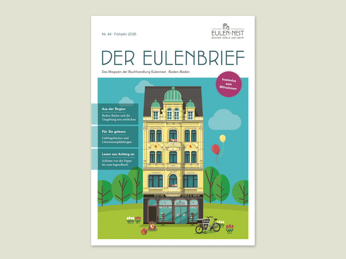 Titelblatt des Magazins „Der Eulenbrief“ mit gezeichneter Eulennest-Fassade und Umgebung. Design: Isabel Gewecke