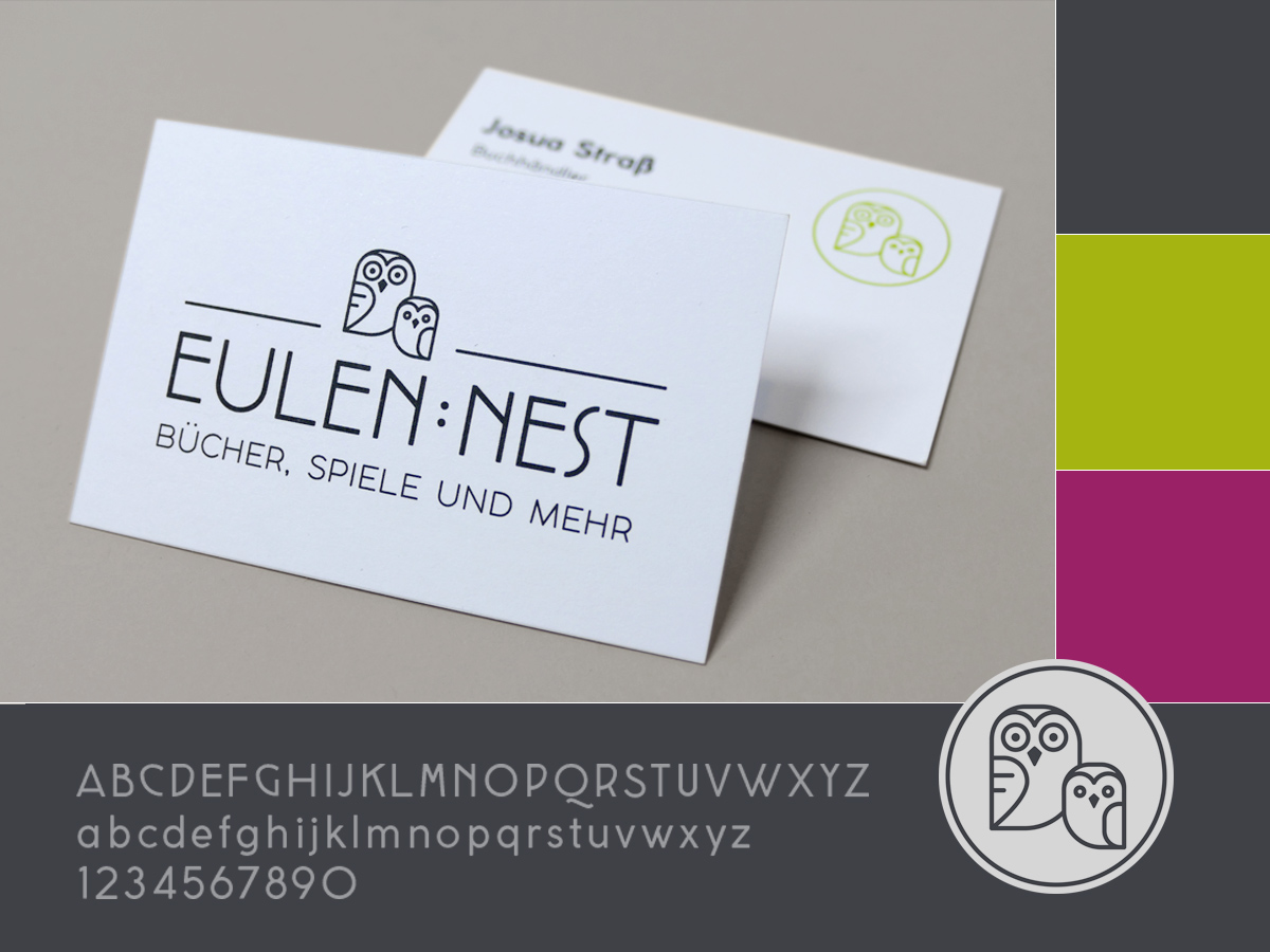 Visitenkarten und Corporate Design für „Eulennest“ mit Eulenlogo und modernen Farben. Design: Isabel Gewecke