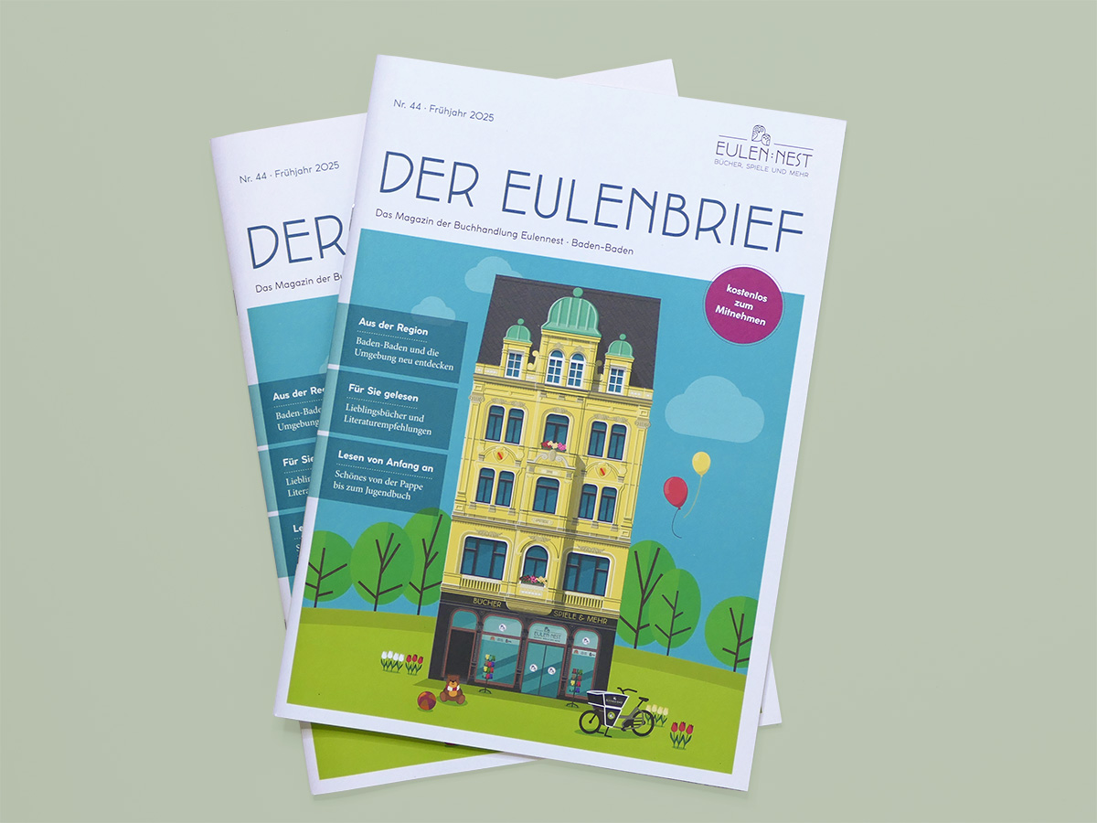 Illustration und Coverlayout des Magazins „Der Eulenbrief“ mit Gebäudeillustration auf fröhlichem Hintergrund. Design: Isabel Gewecke