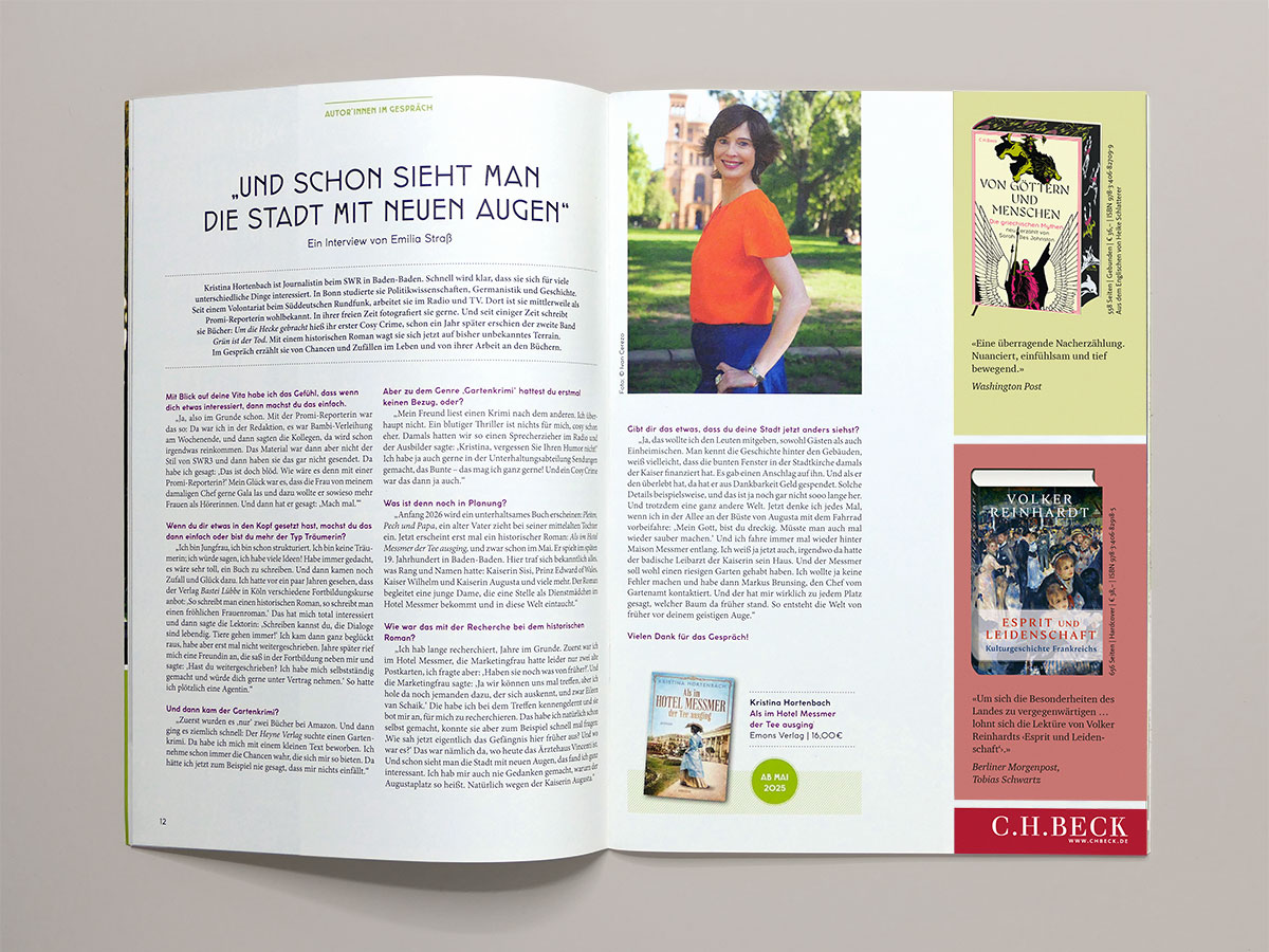 Interviews, Autorenfoto und Buchwerbung im Lesemagazin „Der Eulenbrief“. Design: Isabel Gewecke