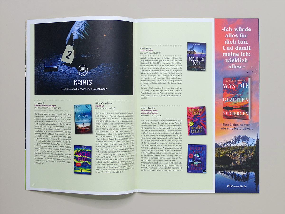 Krimi-Buchtipps und Werbung im Magazin „Der Eulenbrief“: Cover, Empfehlungen, Anzeigen. Design: Isabel Gewecke